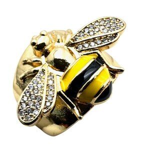 Bee Ring Clear Crystal Black Yellow Enamel 18K Gold Plated Adjustable Size New